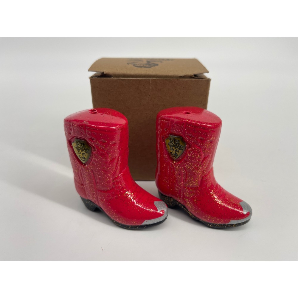 Will Rogers Cowboy Boot Salt and Pepper Shakers Red Gold Glitter Souvenir Set